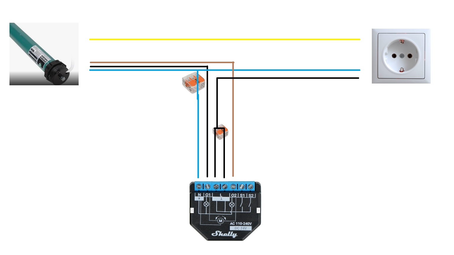Técnico instalando motor tubular cableado dentro del cajón de persiana con herramientas