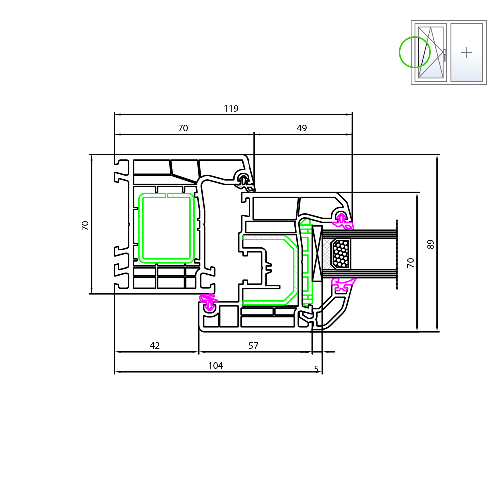 Sección transversal de perfil PVC multicámara con refuerzo de acero galvanizado interior visible