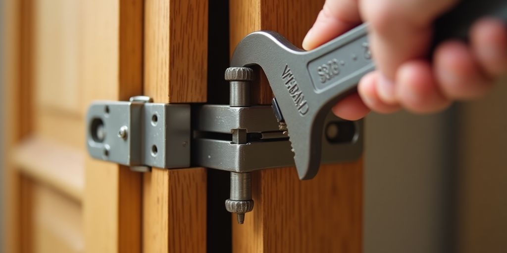 Manos ajustando bisagra de puerta con llave Allen para corregir desalineación de la hoja