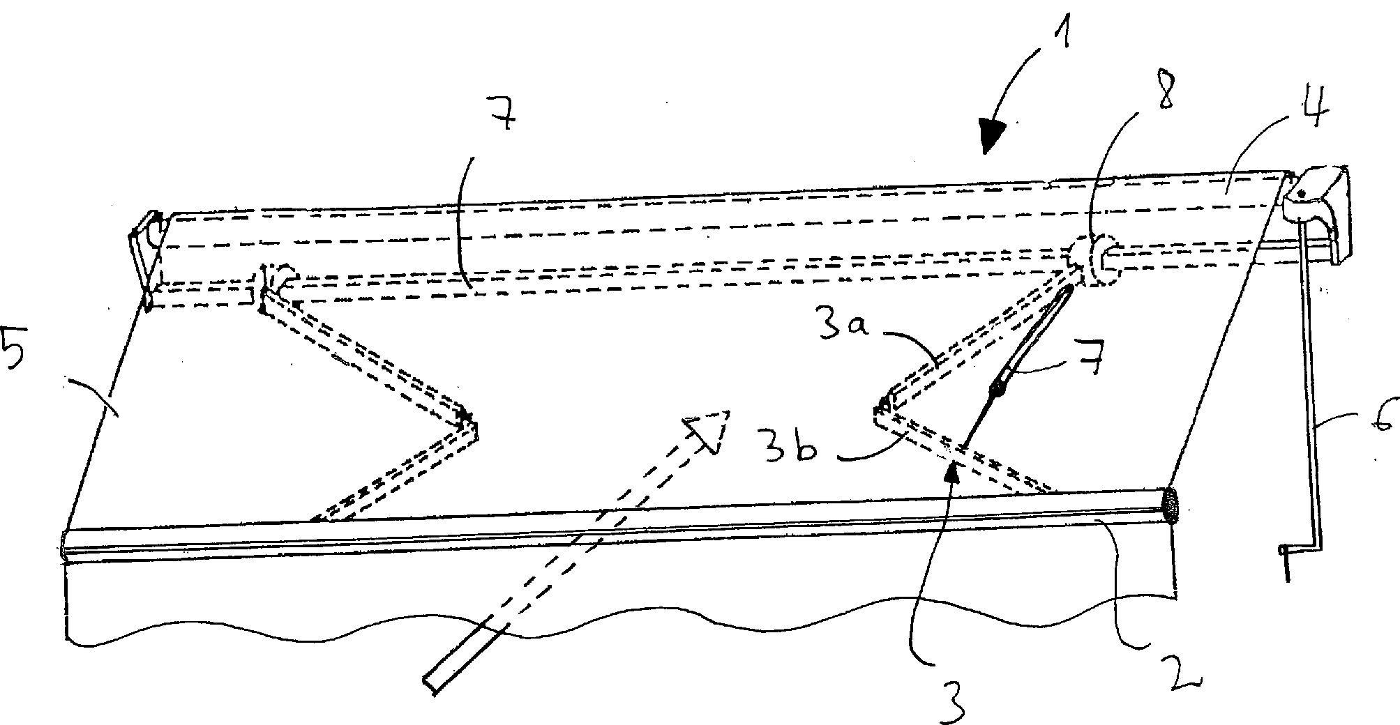 Detalle del brazo articulado y mecanismo interno de un sistema de protección solar exterior
