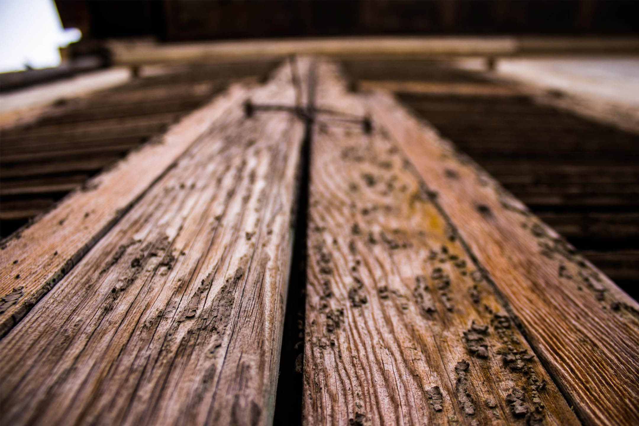 Detalle de grietas longitudinales en viga de madera antigua de roble