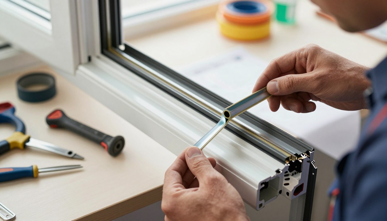 Profesional retirando burlete envejecido con espátula plástica de carpintería aluminio