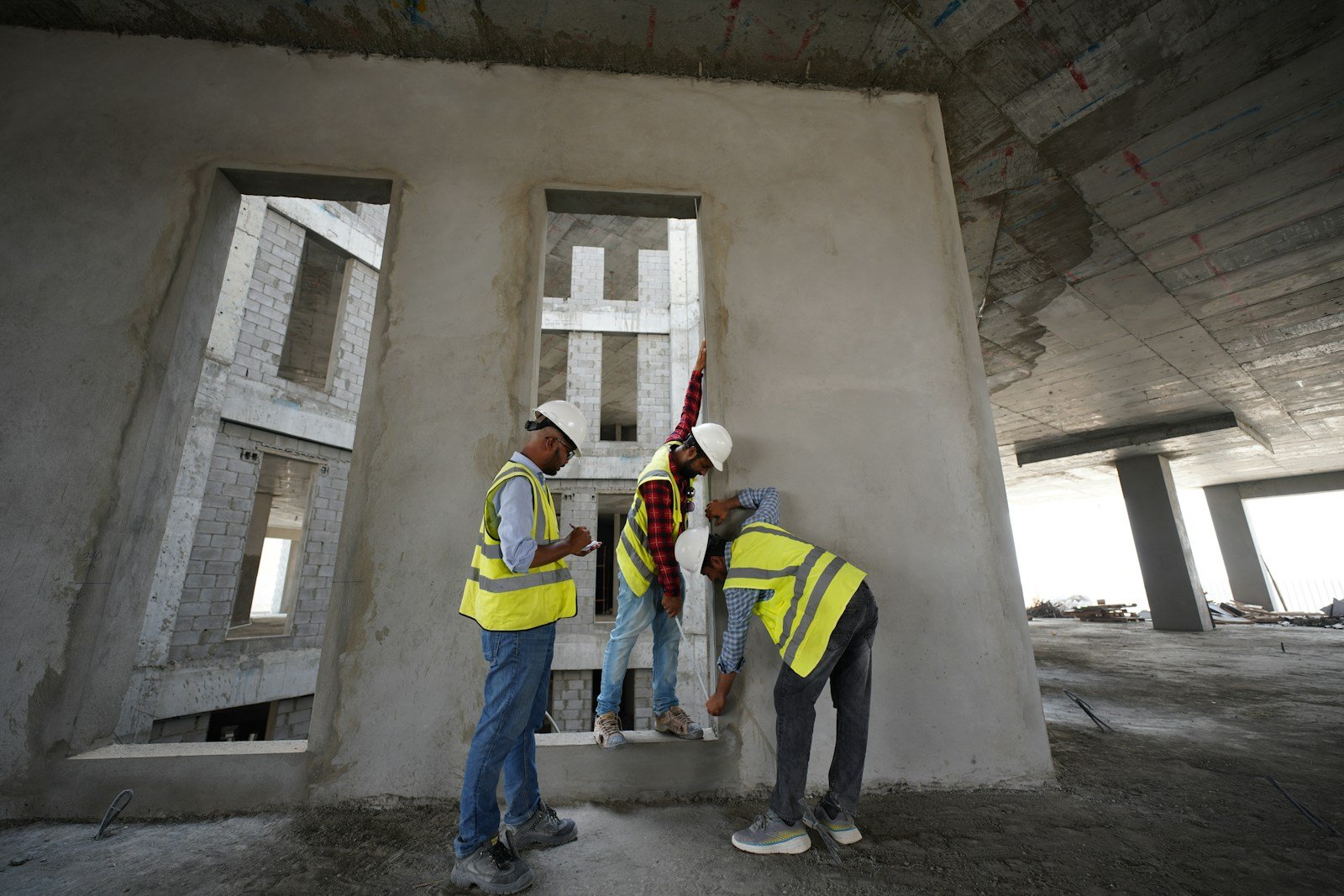 Equipo profesional instalando carpintería técnica en obra comercial