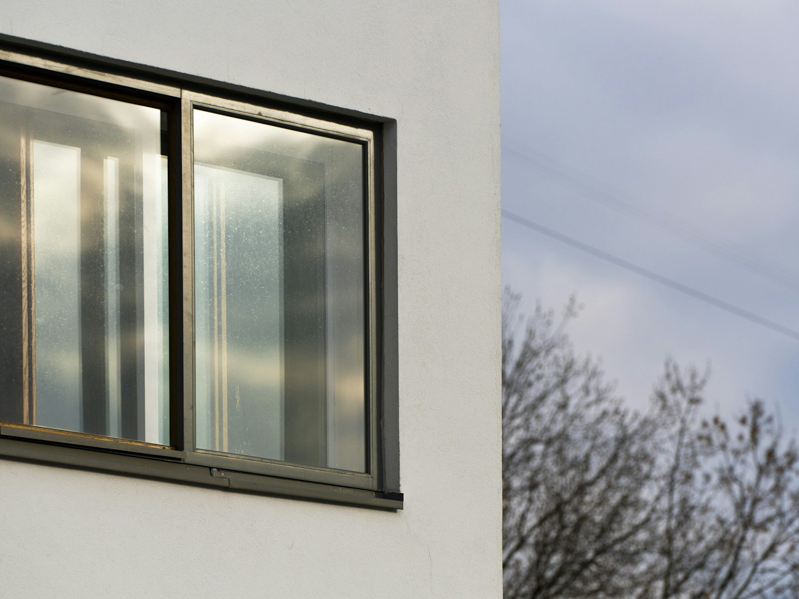 Ventana con perfil foliado en gris antracita vista desde el exterior con luz de tarde